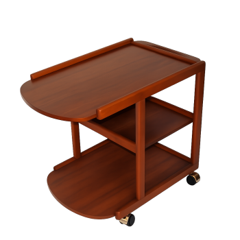 Mobilny barek z lat 70 wykonany z drewna bukowego i tekowego na kółkach